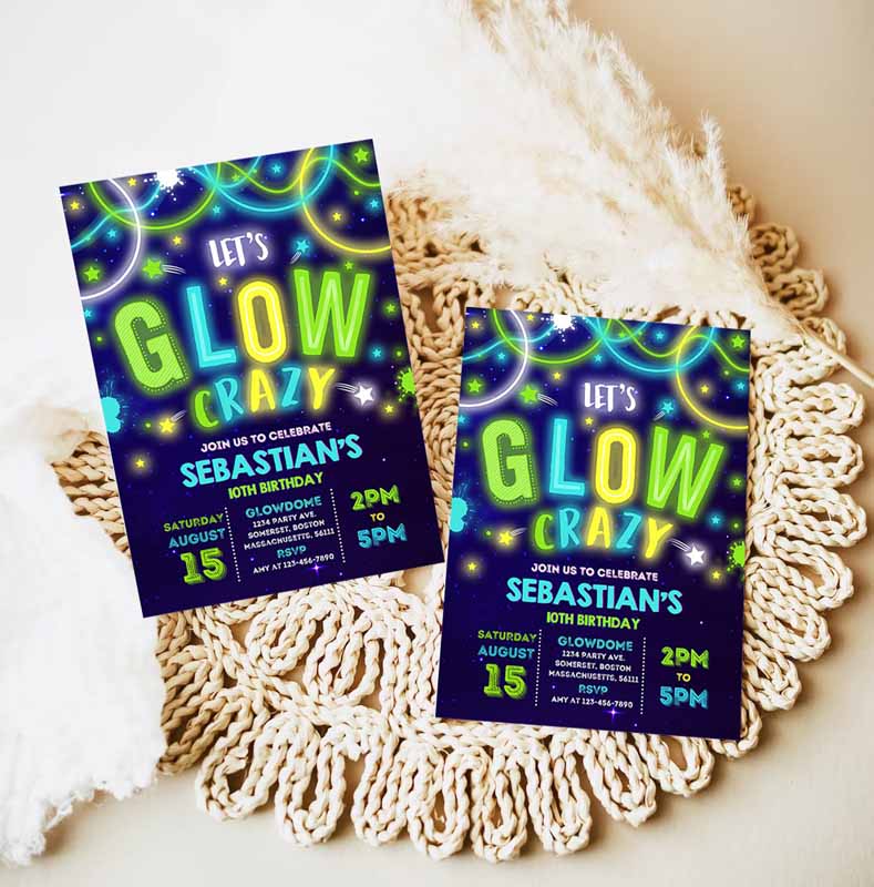 Glow Kids Birthday Invitation, Glow Invitation, Neon Glow Invitation, Neon Glow Party, Glow Ine Dark Kids Birthday Party