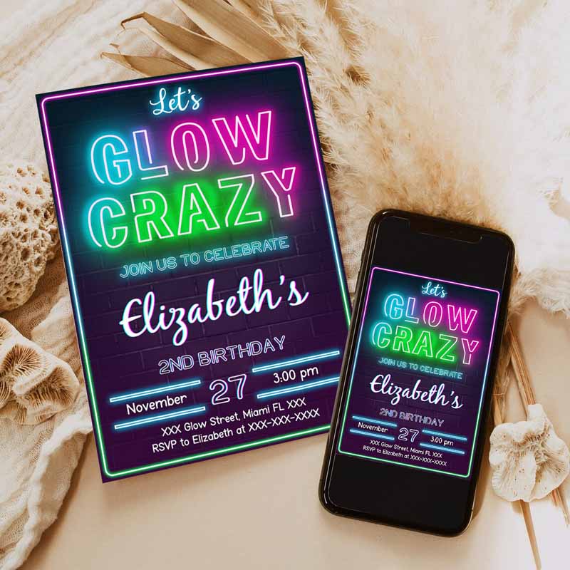 Glow Invitation, Glow Kids Birthday Invitation, Glow Glow ine Dark Party Invitation