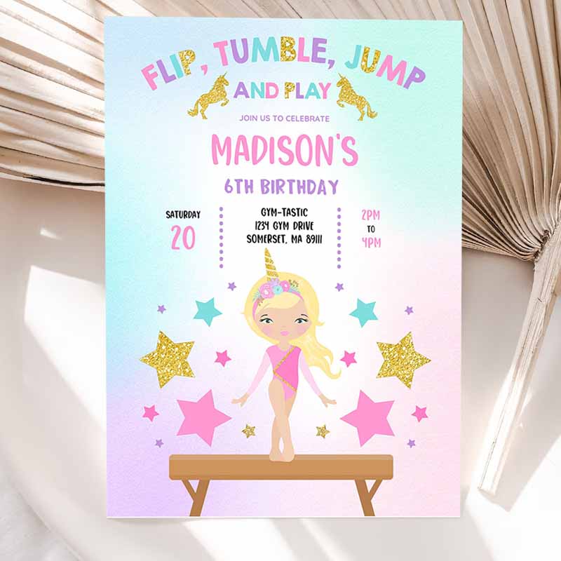 Gymnastics Unicorn Invitation, Unicorn Gymnastics Invitation, Gymnastics Party Gymnastics Party