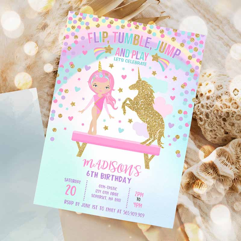 Gymnastics Unicorn Invitation, Unicorn Gymnastics Invitation, Gymnastics Party Gymnastics Party