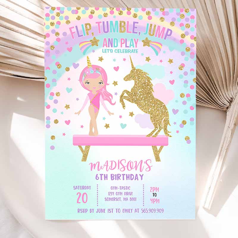 Gymnastics Unicorn Invitation, Unicorn Gymnastics Invitation, Gymnastics Party Gymnastics Party