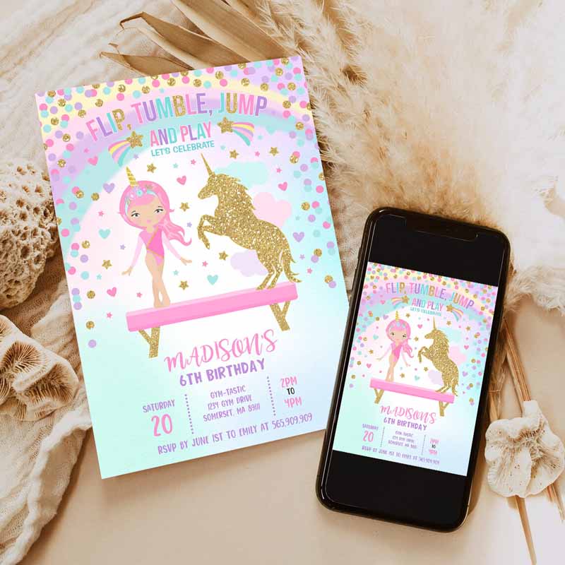 Gymnastics Unicorn Invitation, Unicorn Gymnastics Invitation, Gymnastics Party Gymnastics Party