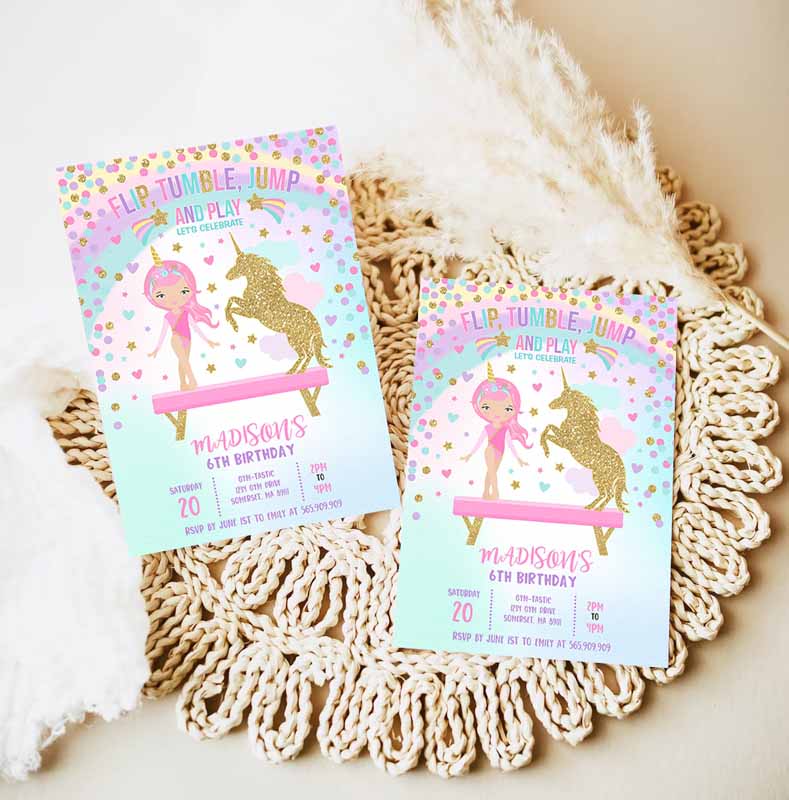 Gymnastics Unicorn Invitation, Unicorn Gymnastics Invitation, Gymnastics Party Gymnastics Party