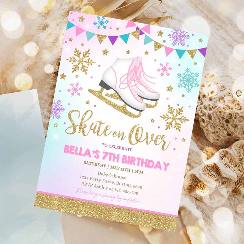 Ice skating Party Invitation, Ice Skating Kids Birthday, Invite Pink Gold Ice Skating Party, Skate Party, Skating Party