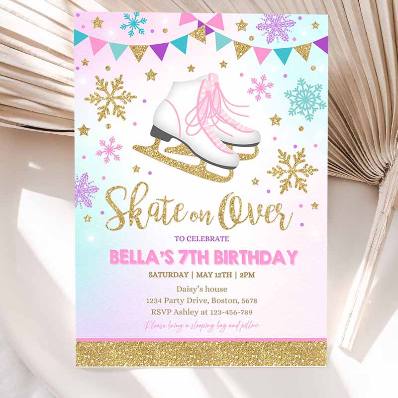 Ice skating Party Invitation, Ice Skating Kids Birthday, Invite Pink Gold Ice Skating Party, Skate Party, Skating Party