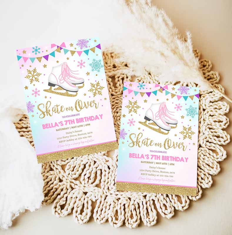 Ice skating Party Invitation, Ice Skating Kids Birthday, Invite Pink Gold Ice Skating Party, Skate Party, Skating Party