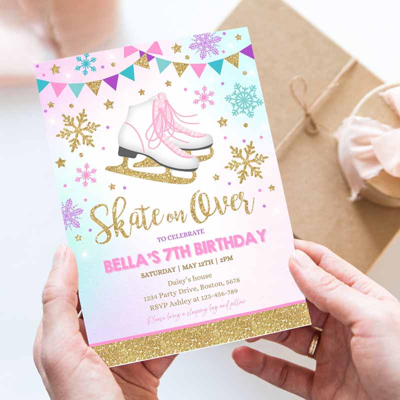 Ice skating Party Invitation, Ice Skating Kids Birthday, Invite Pink Gold Ice Skating Party, Skate Party, Skating Party