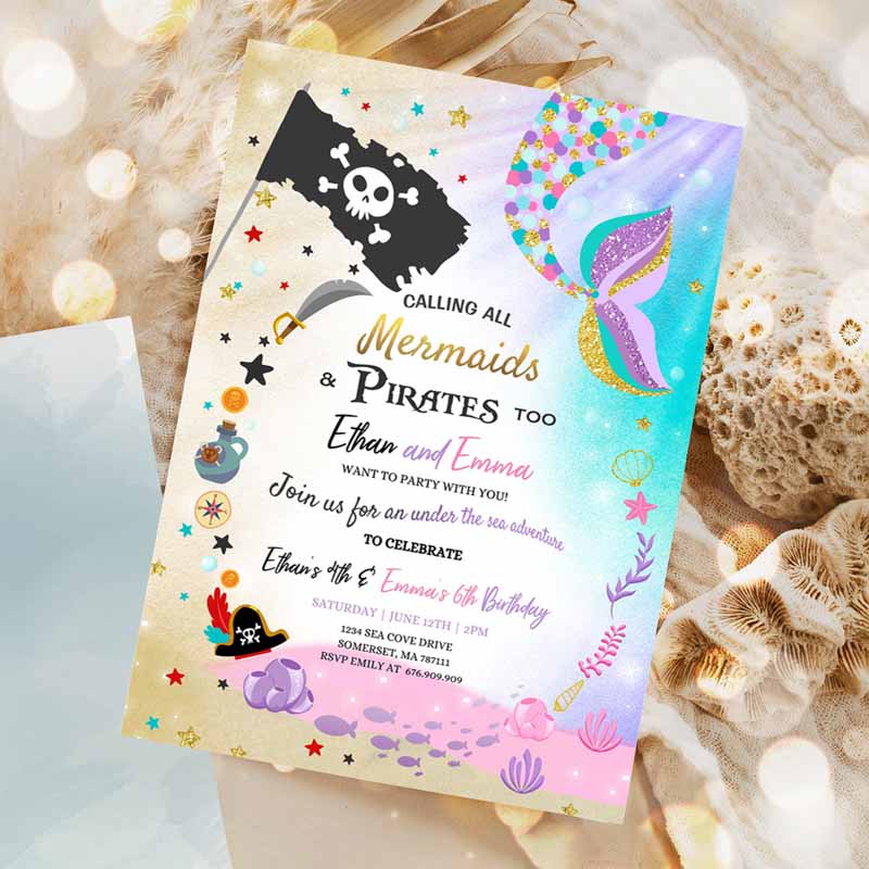 Mermaid And Pirate Kids Birthday Invitation, Sibling Mermaid & Pirate Invite Sibling Mermaid Pirate Party Invitation