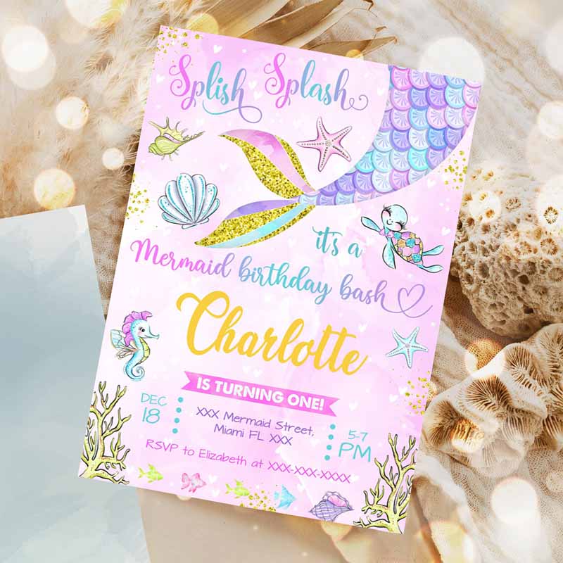 Mermaid Kids Birthday Invitation, Mermaid Invitation, Mermaid