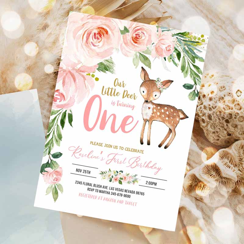 Our Little deer First Kids Birthday Invitation, Woodland Deer Kids Birthday, Floral Woodland