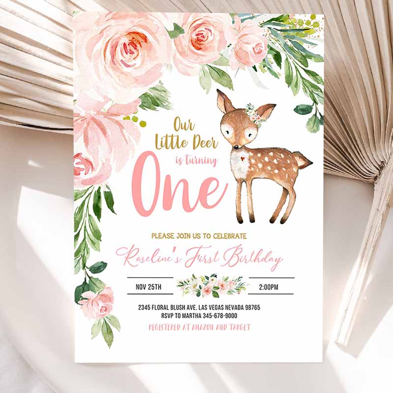 Our Little deer First Kids Birthday Invitation, Woodland Deer Kids Birthday, Floral Woodland