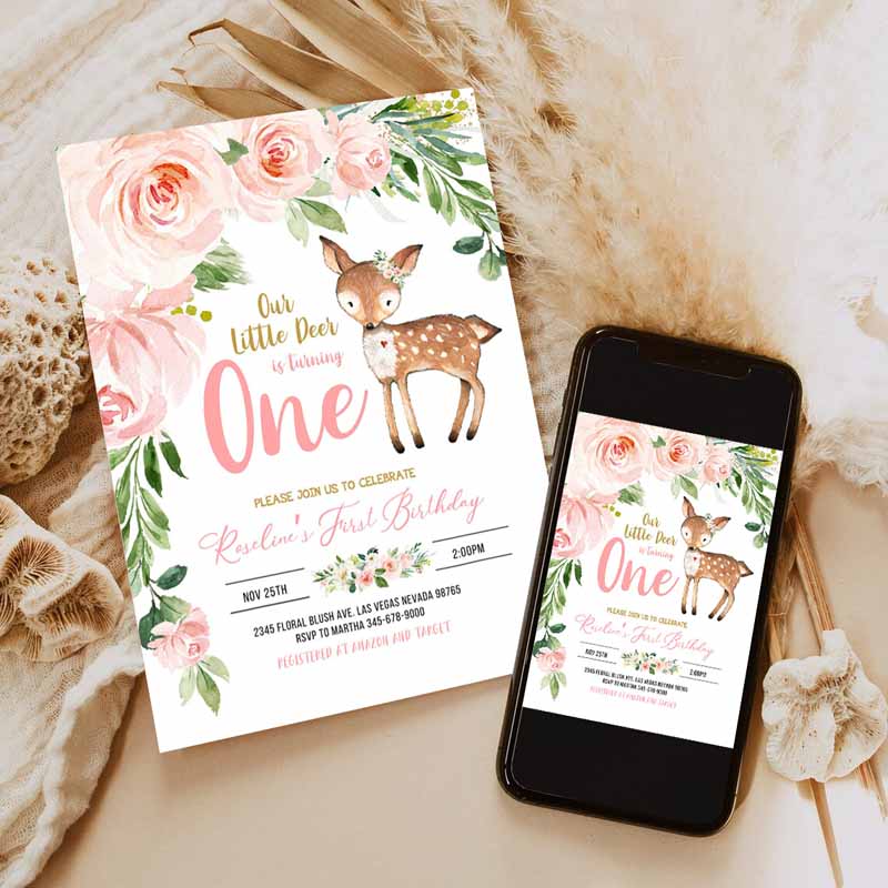 Our Little deer First Kids Birthday Invitation, Woodland Deer Kids Birthday, Floral Woodland