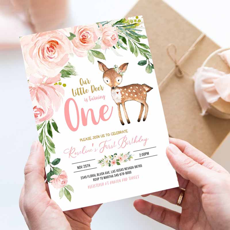 Our Little deer First Kids Birthday Invitation, Woodland Deer Kids Birthday, Floral Woodland