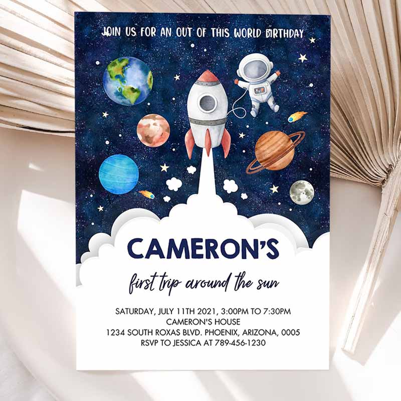 Outer Space Kids Birthday Invitation, Planets Rocket Ship Astronaut Invite Galaxy Blast Off Invitation