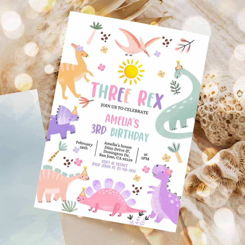 Pastel Dinosaur Kids Birthday Invitation, Three Rex Dino Invite Baby Boy Girl Kids Kids Birthday Party, Stomp Chomp Roar RAWR Invitation