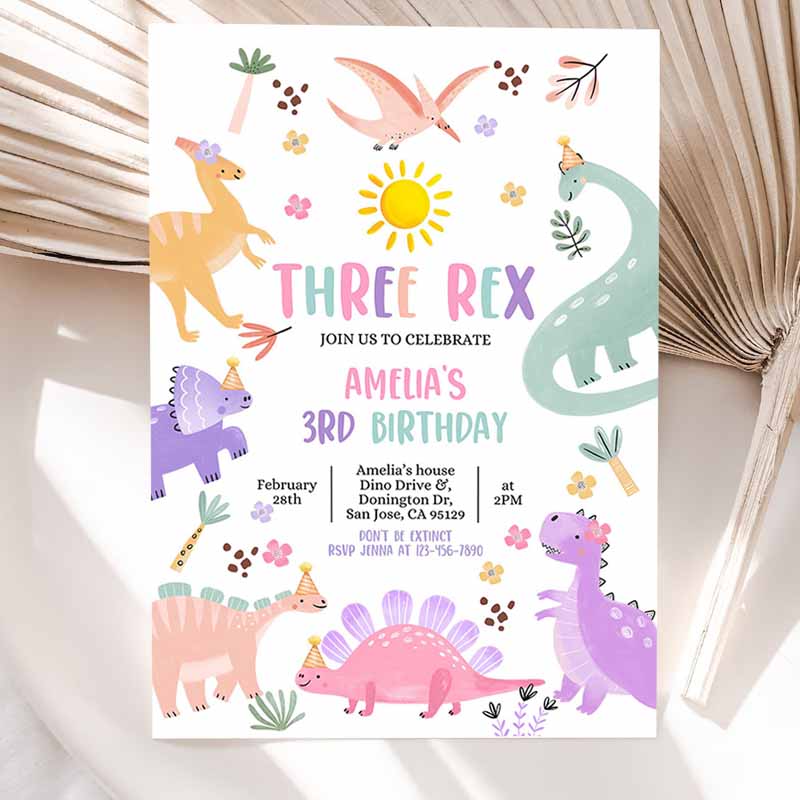 Pastel Dinosaur Kids Birthday Invitation, Three Rex Dino Invite Baby Boy Girl Kids Kids Birthday Party, Stomp Chomp Roar RAWR