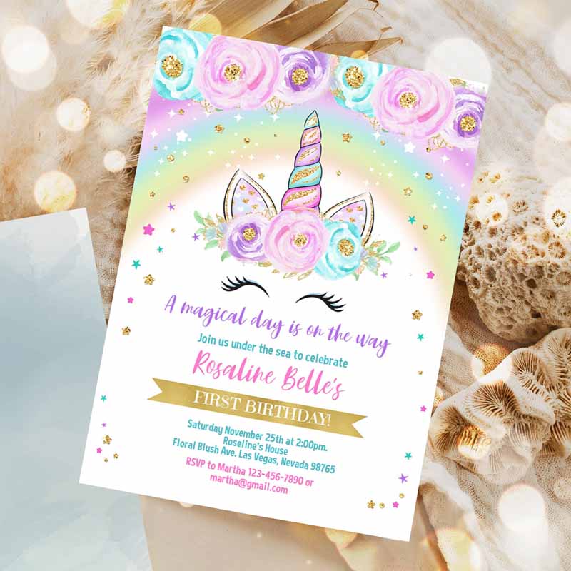 Rainbow Unicorn Kids Birthday Invitation, Editable Unicorn Party, Floral Magical Unicorn invite Unicorn and Rainbow Invitation