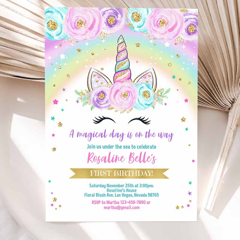 Rainbow Unicorn Kids Birthday Invitation, Editable Unicorn Party, Floral Magical Unicorn invite Unicorn and Rainbow