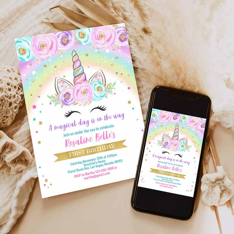 Rainbow Unicorn Kids Birthday Invitation, Editable Unicorn Party, Floral Magical Unicorn invite Unicorn and Rainbow