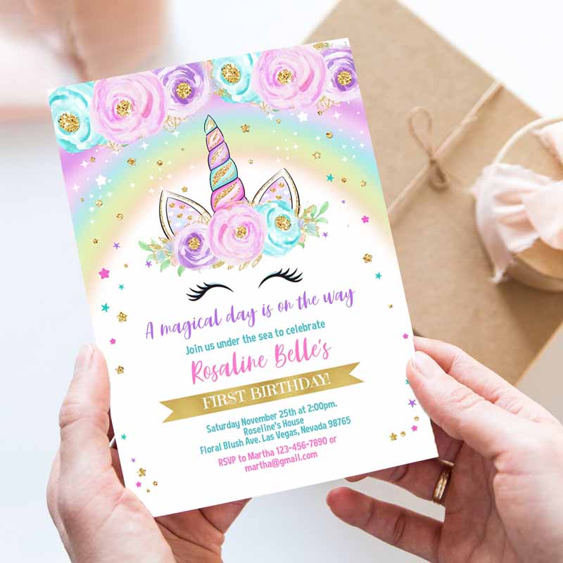 Rainbow Unicorn Kids Birthday Invitation, Editable Unicorn Party, Floral Magical Unicorn invite Unicorn and Rainbow