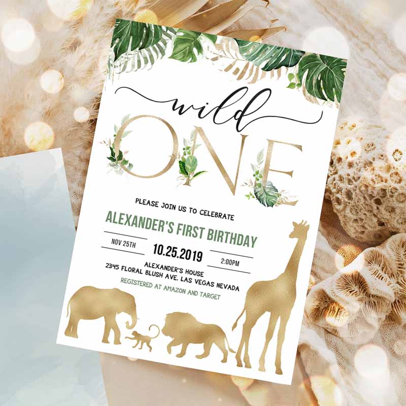 Safari Gold Kids Birthday Invitation, Jungle wild one Invitations, Boy Kids Birthday