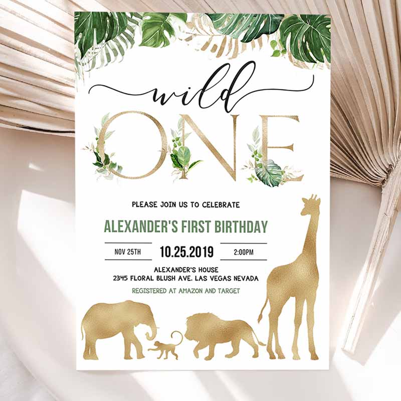 Safari Gold Kids Birthday Invitation, Jungle wild one Invitations, Boy Kids Birthday