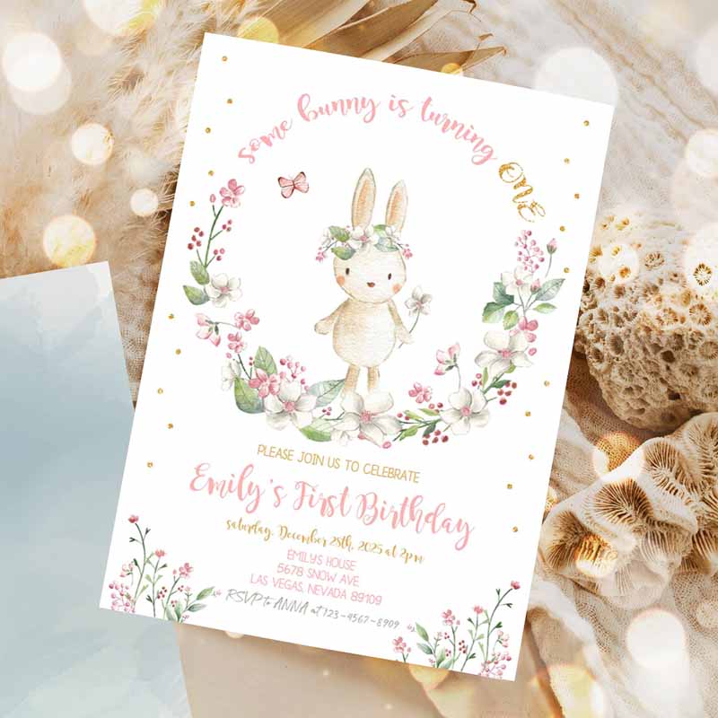 Some Bunny Kids Birthday Invitation, Girl First Little Rabbit Rainbow Pink Gold Floral Spring Invitation