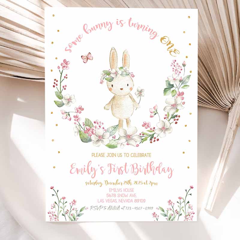 Some Bunny Kids Birthday Invitation, Girl First Little Rabbit Rainbow Pink Gold Floral Spring