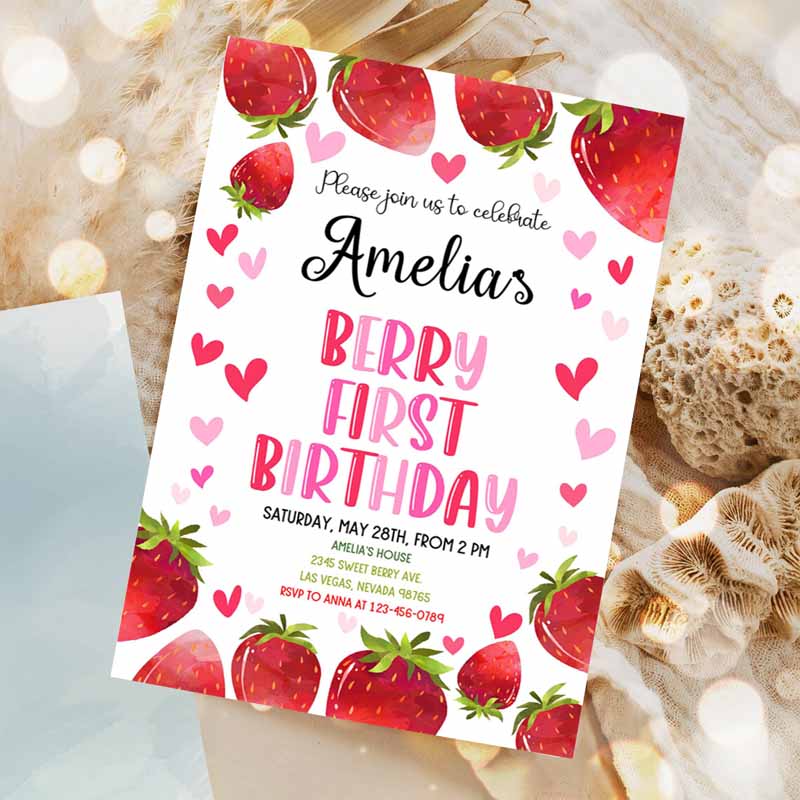 Strawberry Kids Birthday Invitation, Berry Sweet Girl Two First Summer Fruit Cute Red Citrus