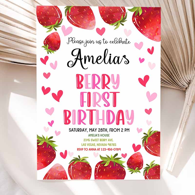 Strawberry Kids Birthday Invitation, Berry Sweet Girl Two First Summer Fruit Cute Red Citrus