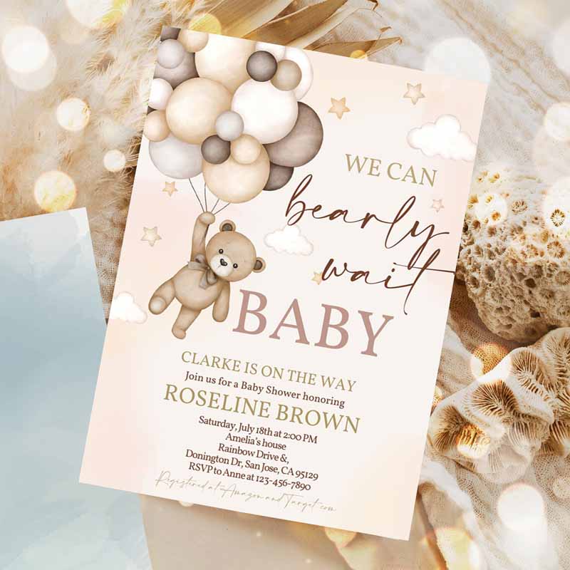 Teddy Bear Baby Shower Invitation, We Can Bearly Wait Brown Ivory Beige Balloons Boho Baby Shower Boy Girl