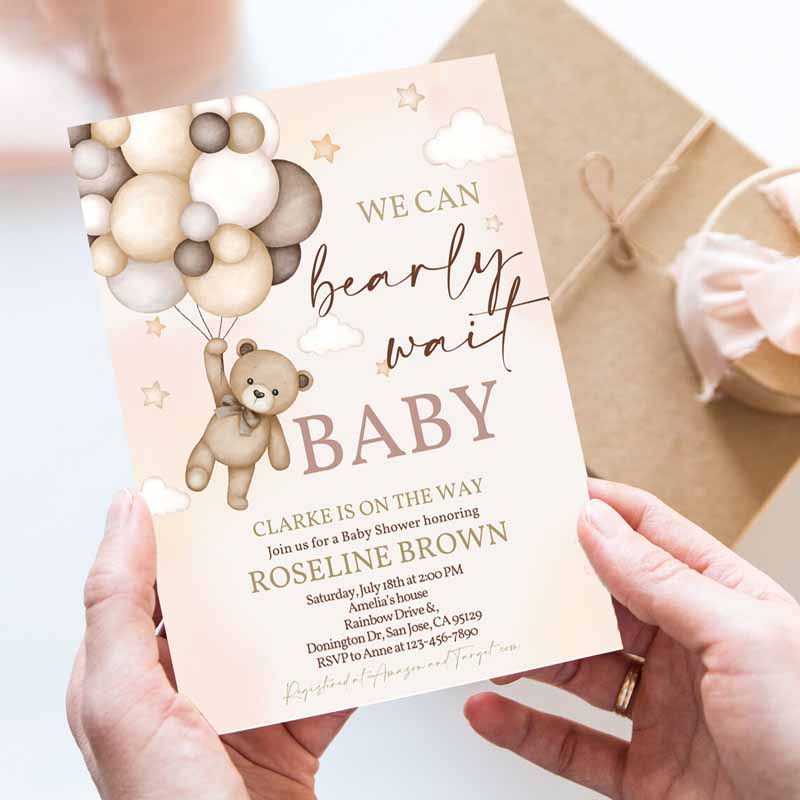 Teddy Bear Baby Shower Invitation, We Can Bearly Wait Brown Ivory Beige Balloons Boho Baby Shower Boy Girl