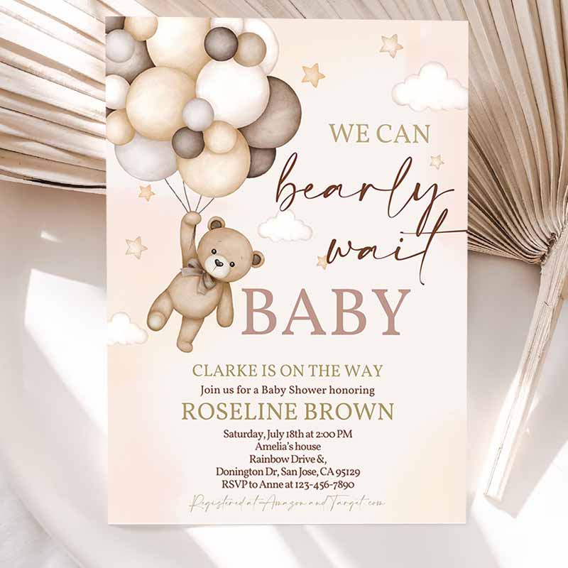 Teddy Bear Baby Shower Invitation, We Can Bearly Wait Brown Ivory Beige Balloons Boho Baby Shower Boy Girl