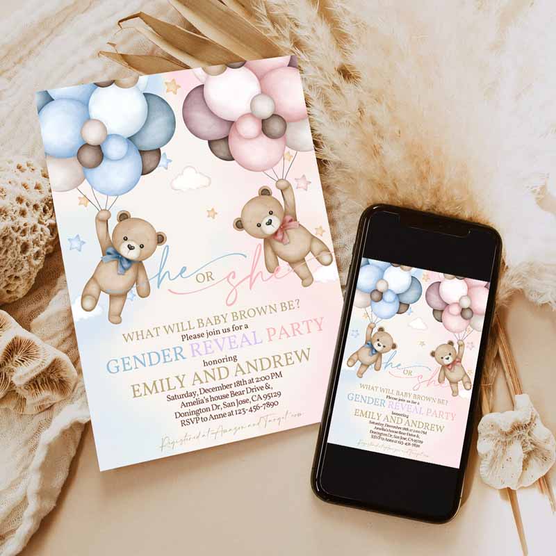 Teddy Bear Gender Reveal Invitation, Gender Neutral Boho Beige Pampas Grass Hot Air Balloons We Can Bearly Wait Invitation