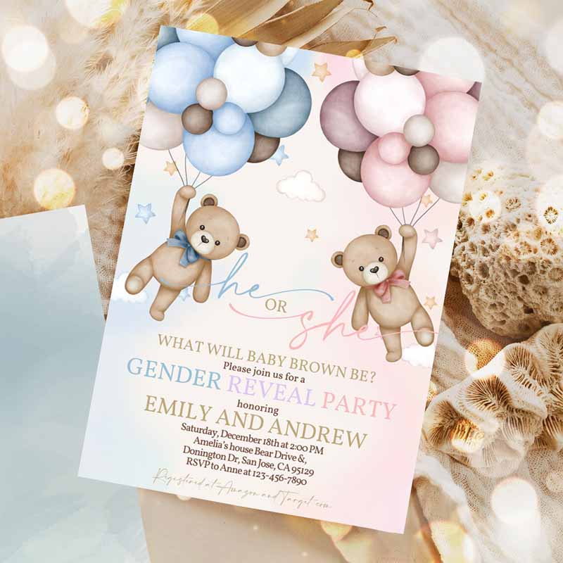 Teddy Bear Gender Reveal Invitation, Gender Neutral Boho Beige Pampas Grass Hot Air Balloons We Can Bearly Wait