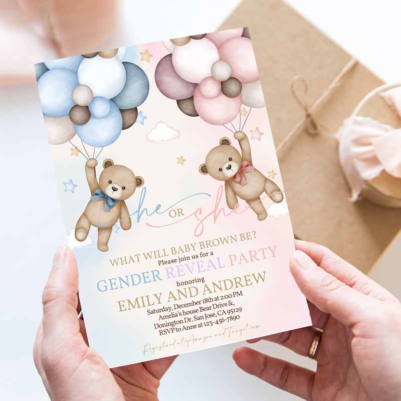 Teddy Bear Gender Reveal Invitation, Gender Neutral Boho Beige Pampas Grass Hot Air Balloons We Can Bearly Wait