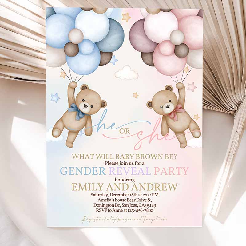 Teddy Bear Gender Reveal Invitation, Gender Neutral Boho Beige Pampas Grass Hot Air Balloons We Can Bearly Wait