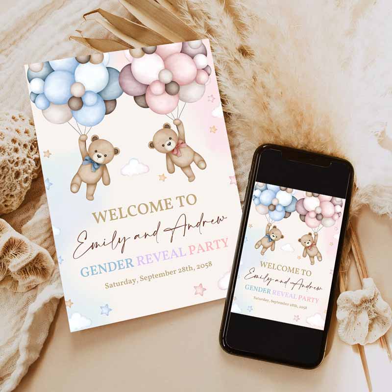 Teddy Bear Gender Reveal Welcome Sign, Pink and Blue Bear Baby Shower Poster He or She Yard Sign, Neutral Party, Porch Door Sign