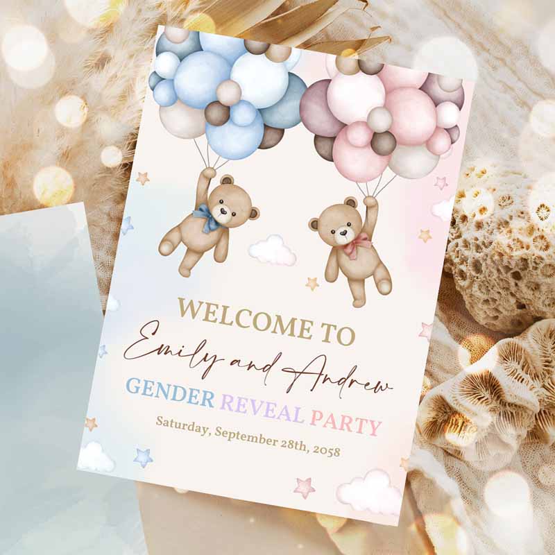 Teddy Bear Gender Reveal Welcome Sign, Pink and Blue Bear Baby Shower Poster He or She Yard Sign, Neutral Party, Porch Door Sign