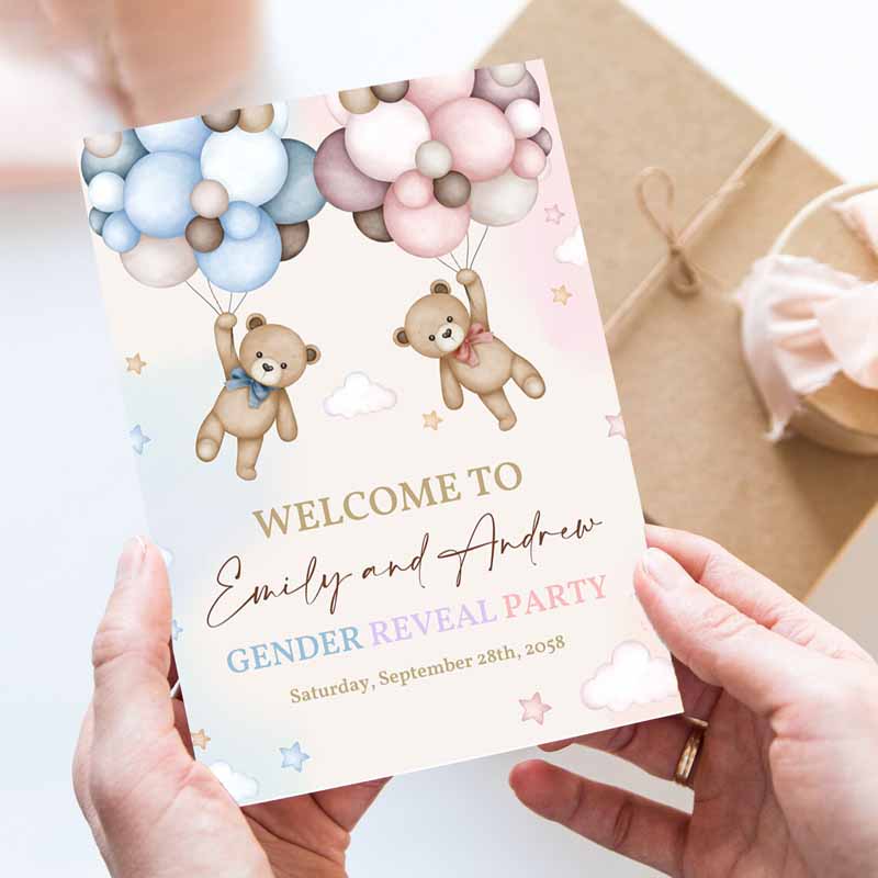 Teddy Bear Gender Reveal Welcome Sign, Pink and Blue Bear Baby Shower Poster He or She Yard Sign, Neutral Party, Porch Door Sign