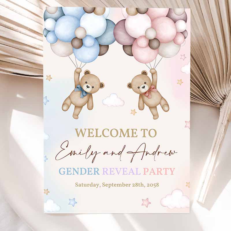 Teddy Bear Gender Reveal Welcome Sign, Pink and Blue Bear Baby Shower Poster He or She Yard Sign, Neutral Party, Porch Door Sign