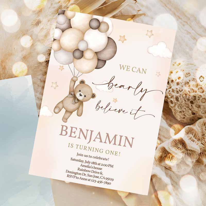 Teddy Bear Invitation, Kids Birthday Party, Boy Kids Any Age Boho Fall We Can Bearly Believe Beige Balloons