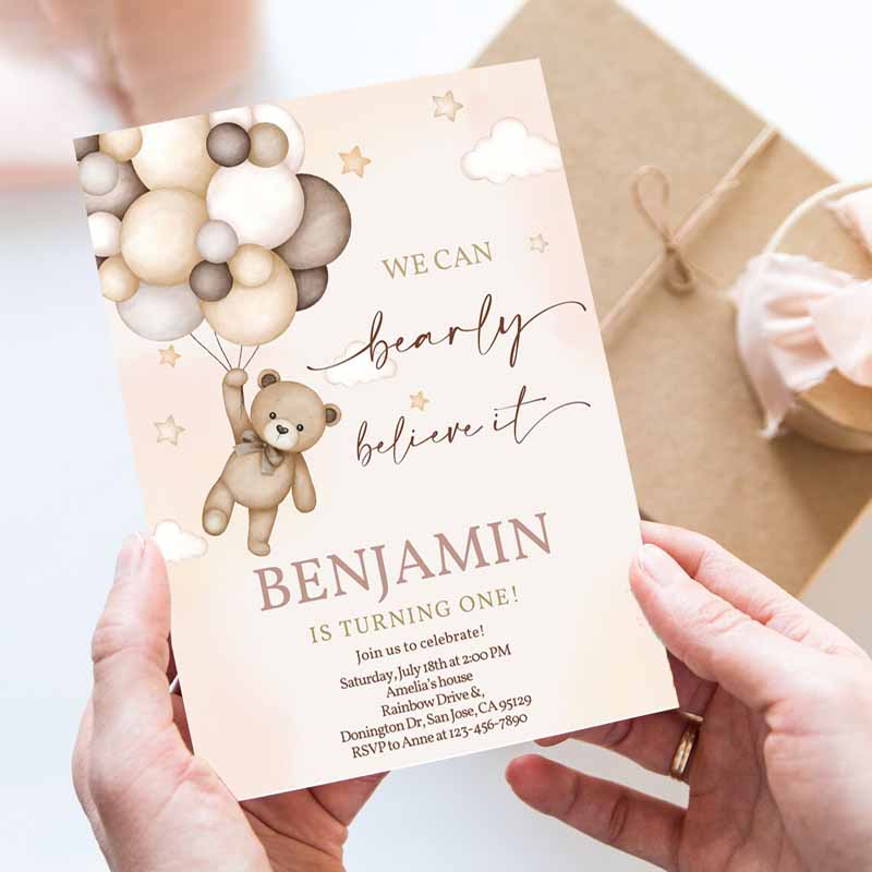 Teddy Bear Invitation, Kids Birthday Party, Boy Kids Any Age Boho Fall We Can Bearly Believe Beige Balloons