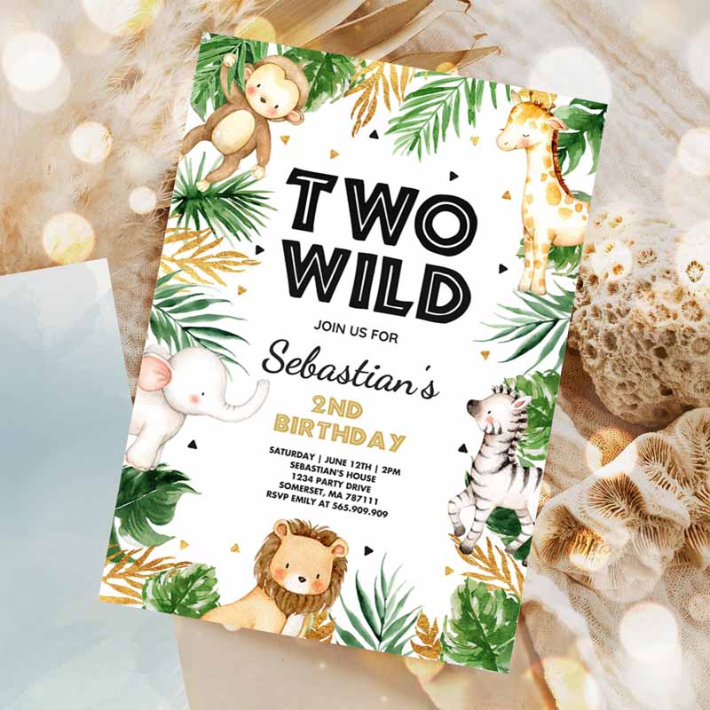 Two Wild Kids Birthday Invitation, Jungle Safari Animals Invitation, Gold Safari Two Wild Kids Birthday Party