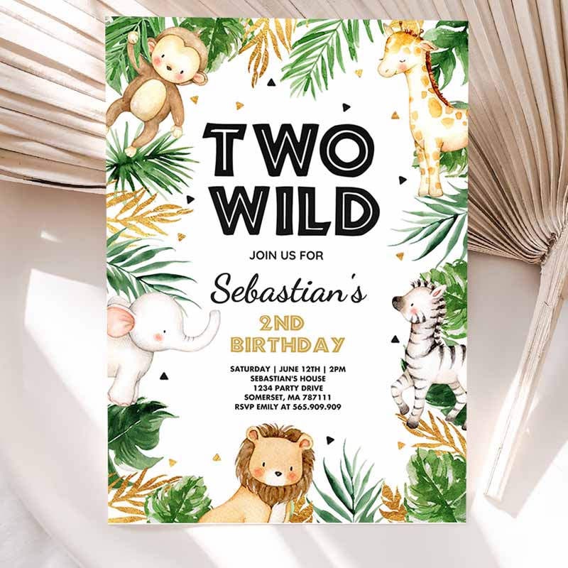 Two Wild Kids Birthday Invitation, Jungle Safari Animals Invitation, Gold Safari Two Wild Kids Birthday Party