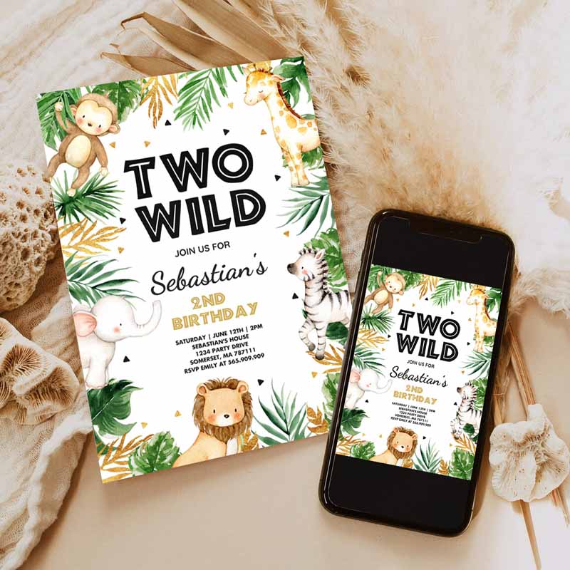 Two Wild Kids Birthday Invitation, Jungle Safari Animals Invitation, Gold Safari Two Wild Kids Birthday Party