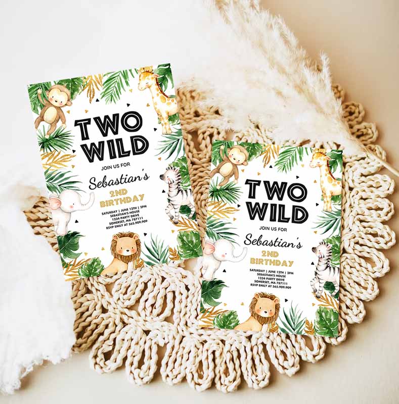 Two Wild Kids Birthday Invitation, Jungle Safari Animals Invitation, Gold Safari Two Wild Kids Birthday Party