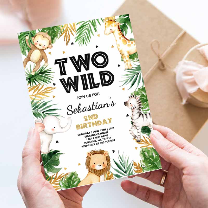 Two Wild Kids Birthday Invitation, Jungle Safari Animals Invitation, Gold Safari Two Wild Kids Birthday Party