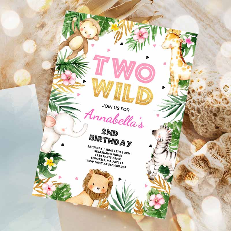 Two Wild Kids Birthday, Pink & Gold Jungle Safari Animals Invitation, Two Wild Kids Birthday