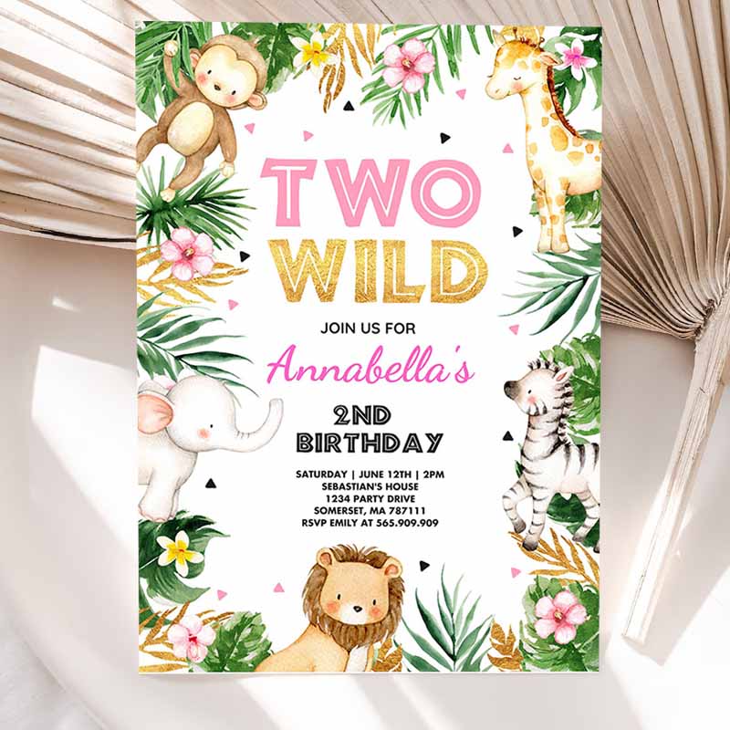 Two Wild Kids Birthday, Pink & Gold Jungle Safari Animals Invitation, Two Wild Kids Birthday Party